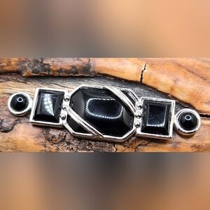 Ginnie Johansen Brooch Art Deco Black Glass Stones in Silver Tone Setting 2.75"